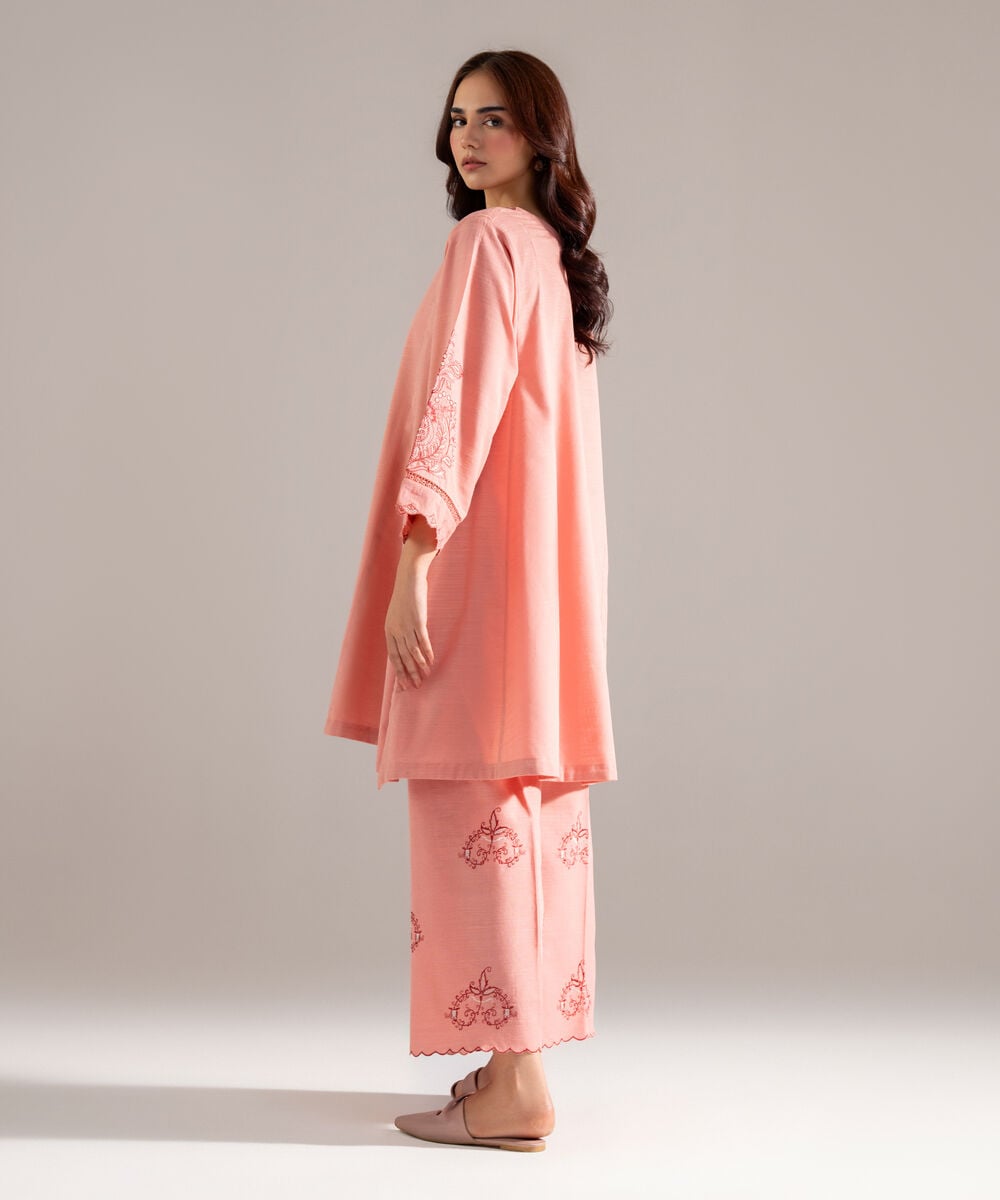 Women's RTW Khaddar Solid Embroidered Pink Flared A-Line Shirt