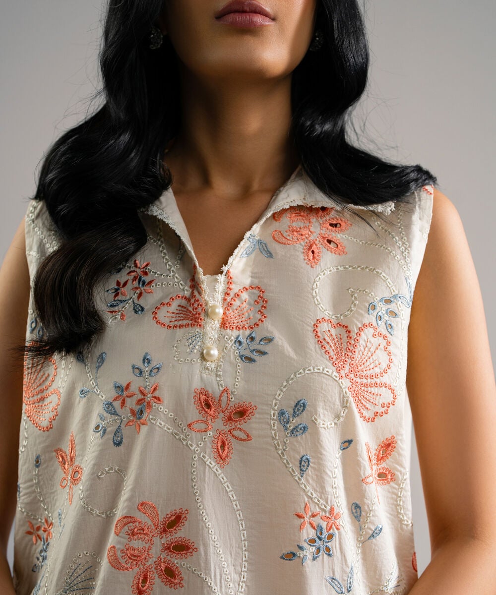 Women's RTW Lawn Embroidered Off White Straight Shirt