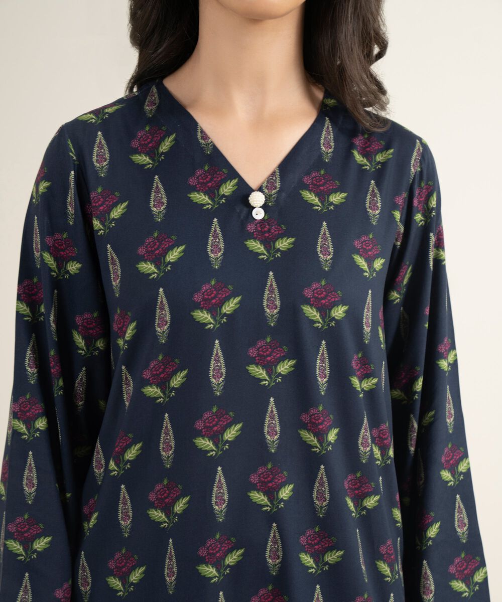 Women's RTW Arabic Lawn Printed Blue Straight Shirt