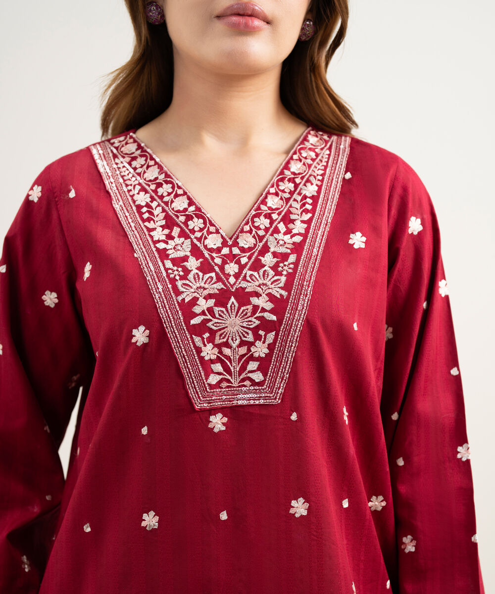 Women's RTW Dobby Embroidered Maroon 2 Piece Suit