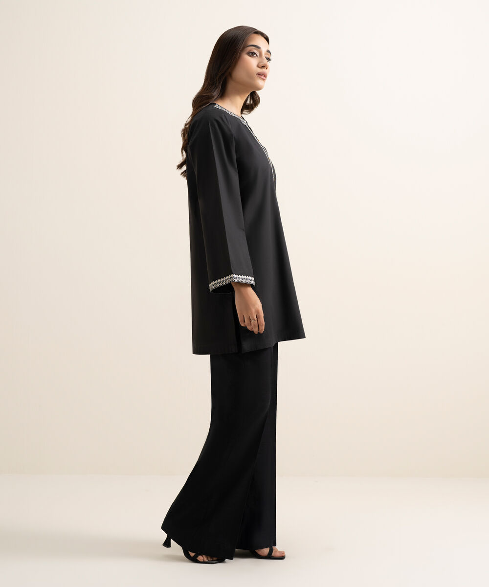 Women's RTW Cambric Embroidered Black Straight Shirt