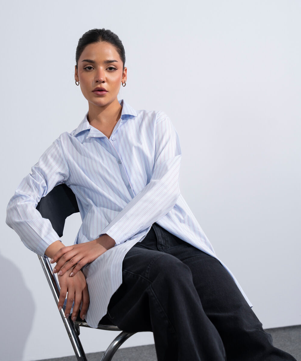 Women's Western Blue Yarn-Dyed Long Shirt