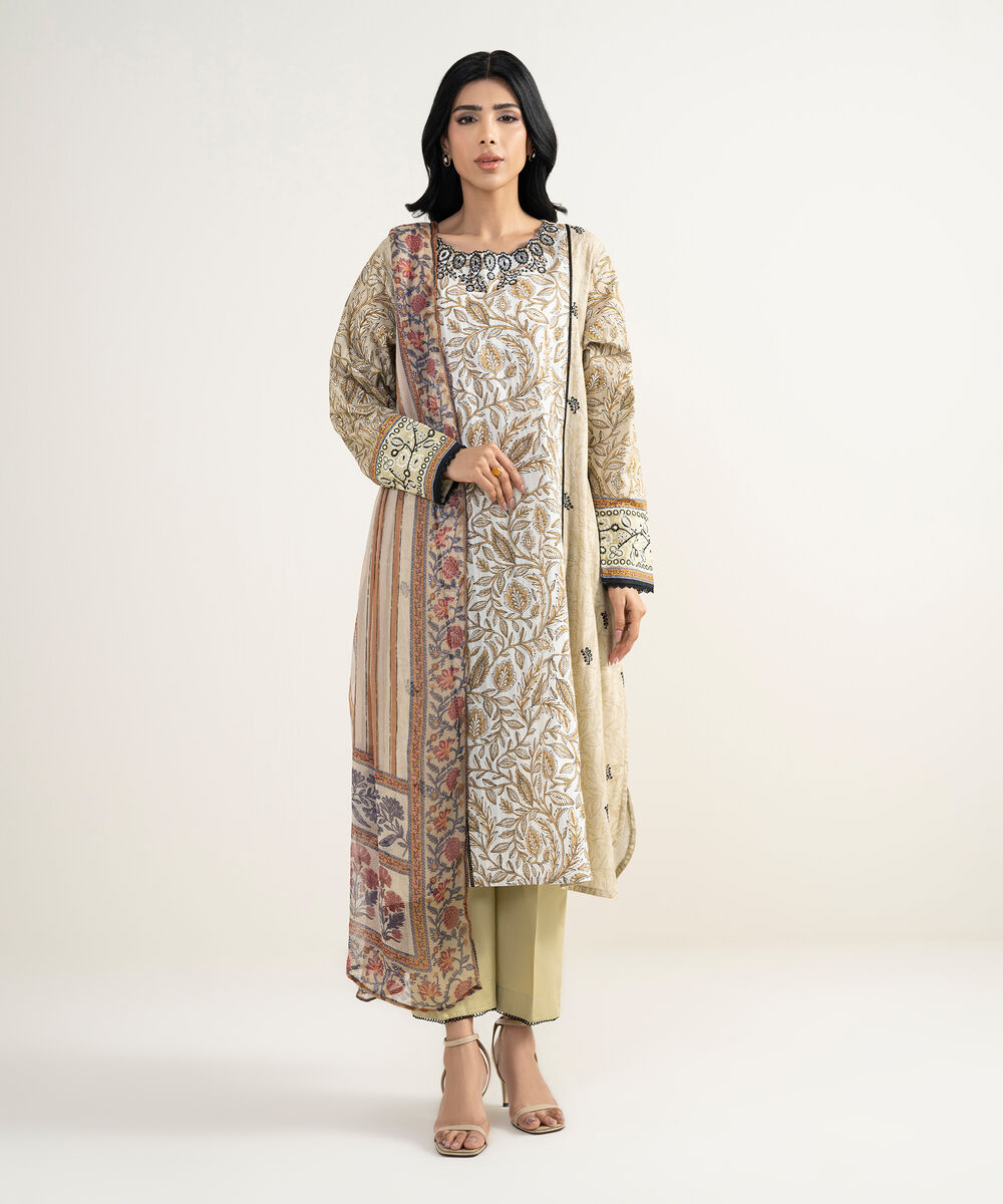 Women's RTW Cotton Embroidered Beige 3 Piece Suit