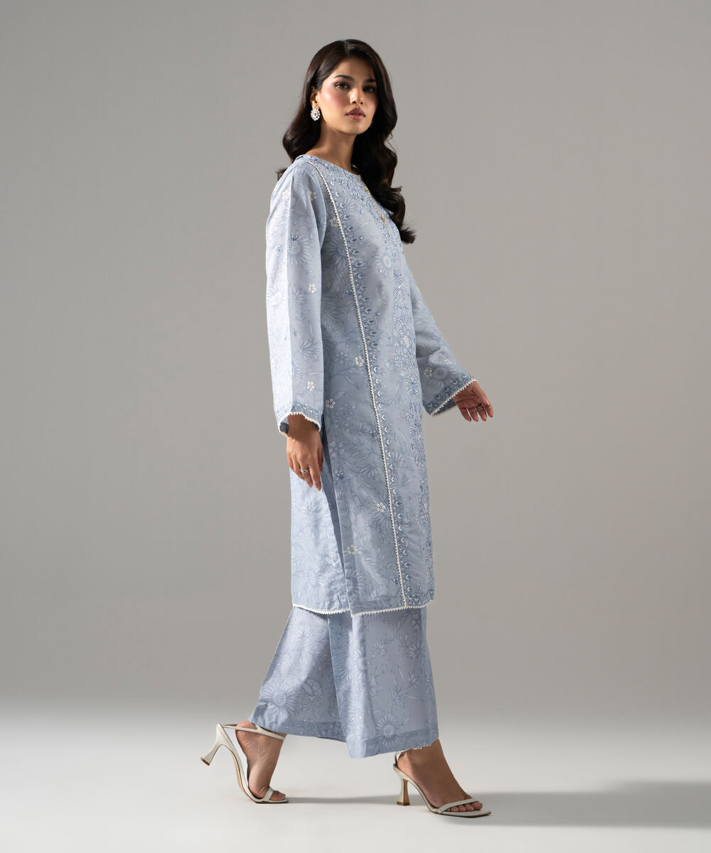 Women's RTW Fancy Khaddar Printed Embroidered Blue 2 Piece Suit