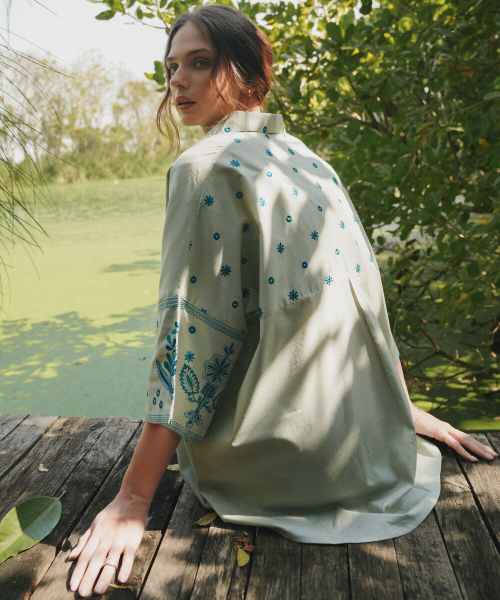 Women's RTW Dobby Embroidered Green Drop Shoulder Shirt