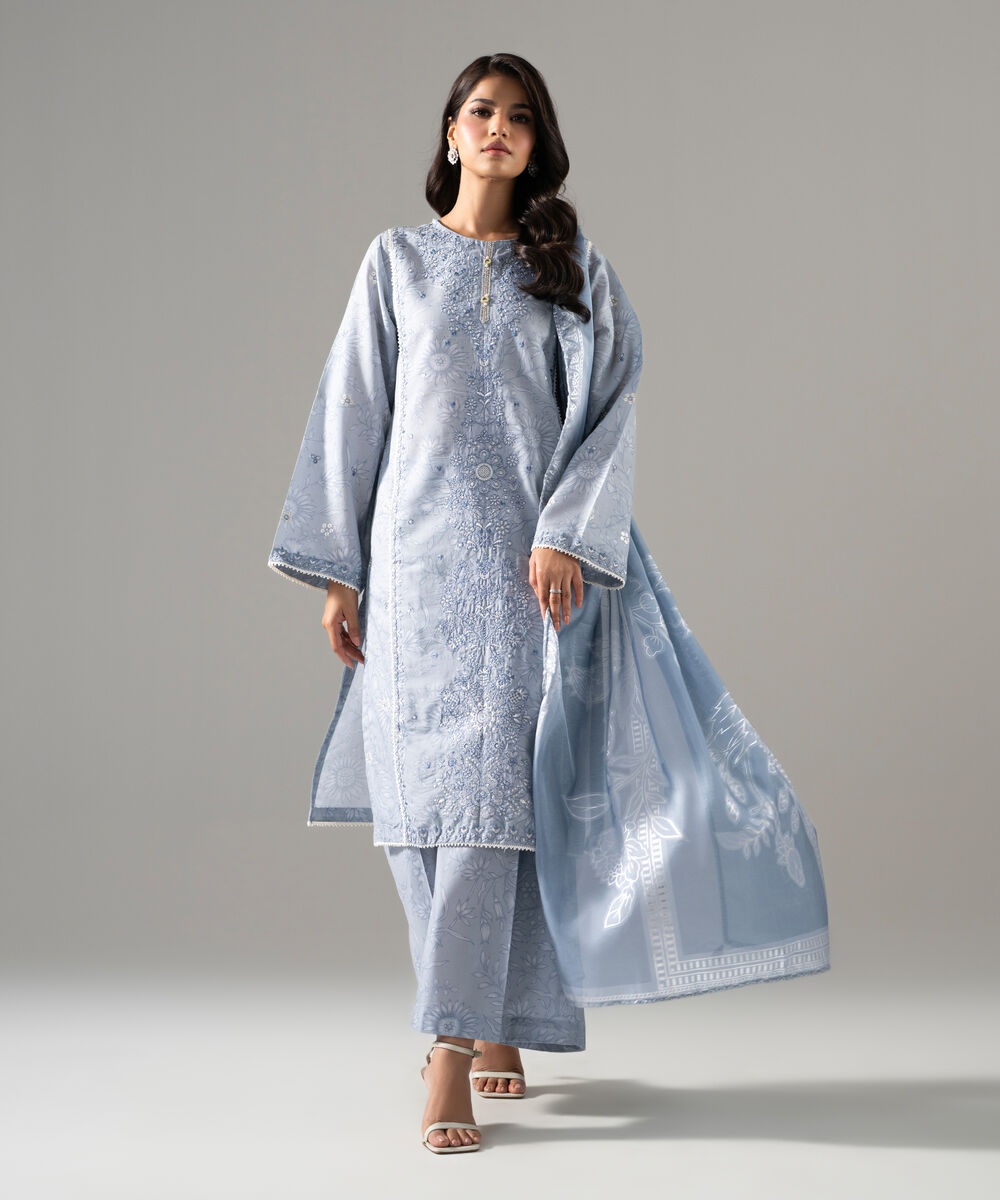 Women's RTW Blended tissue Printed Blue Dupatta