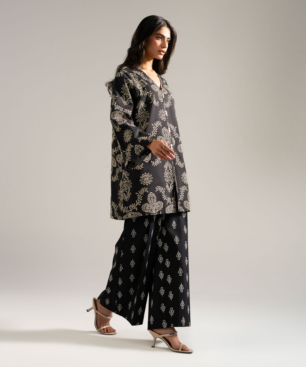 Women's RTW Slub Lawn Printed Black 2 Piece Suit