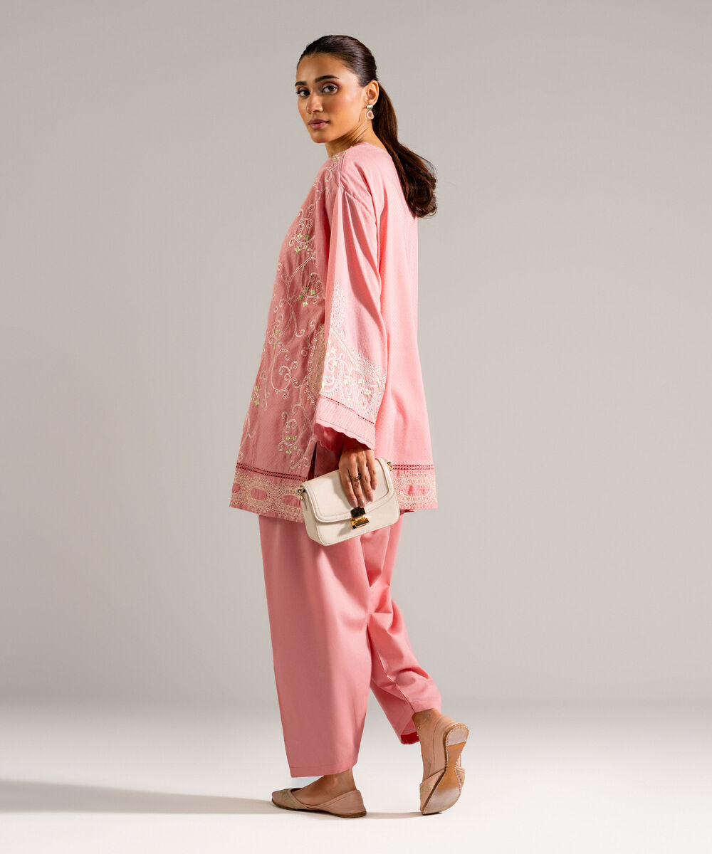 Women's RTW Dobby Embroidered Pink 2 Piece Suit