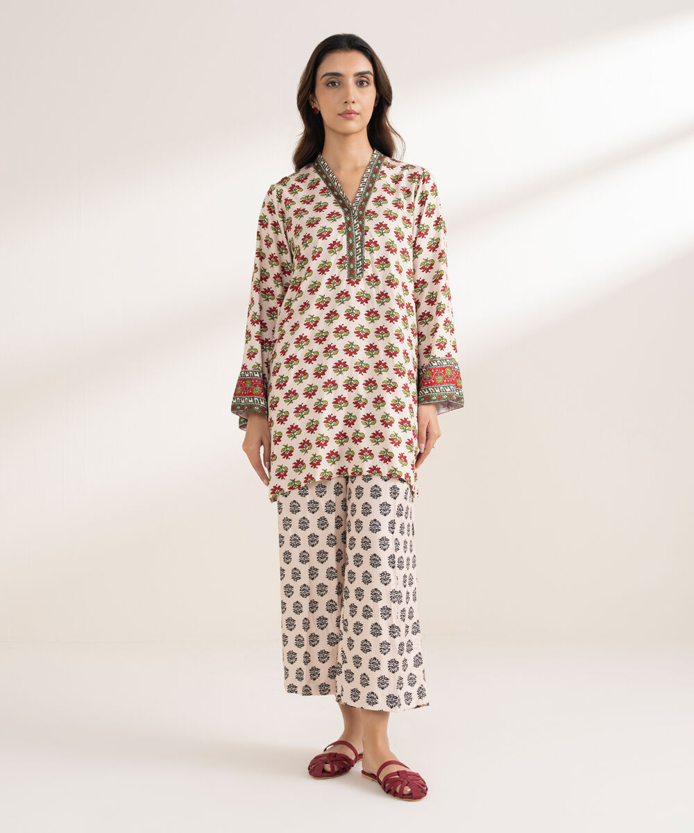 Women's RTW Arabic Dobby Printed Straight Off White Shirt