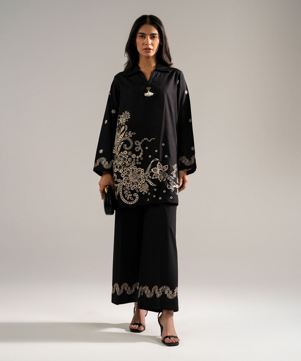 Women's RTW Self Jacquard Embroidered Black 2 Piece Suit