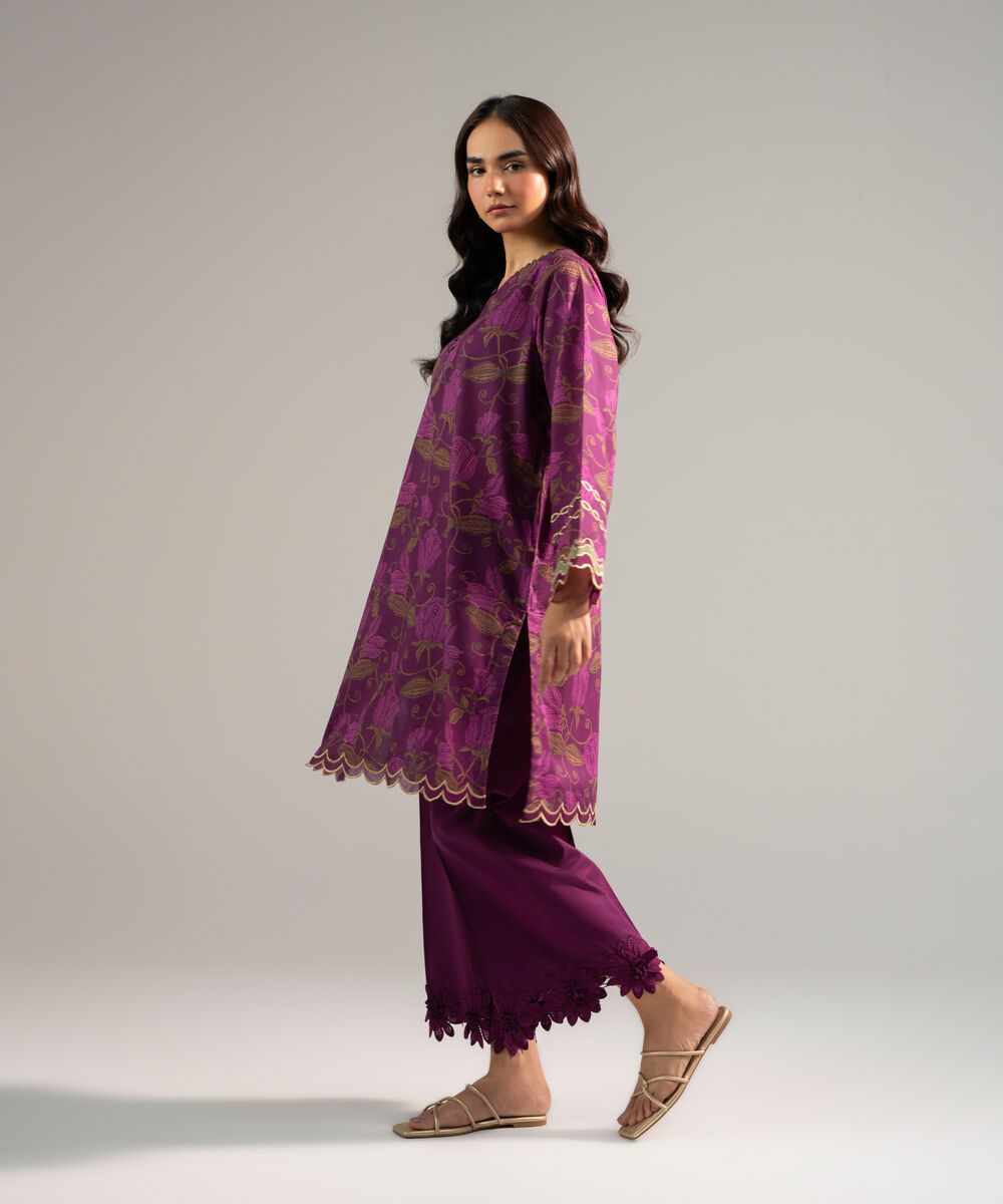 Women's RTW Slub Lawn Embroidered Purple 2 Piece Suit
