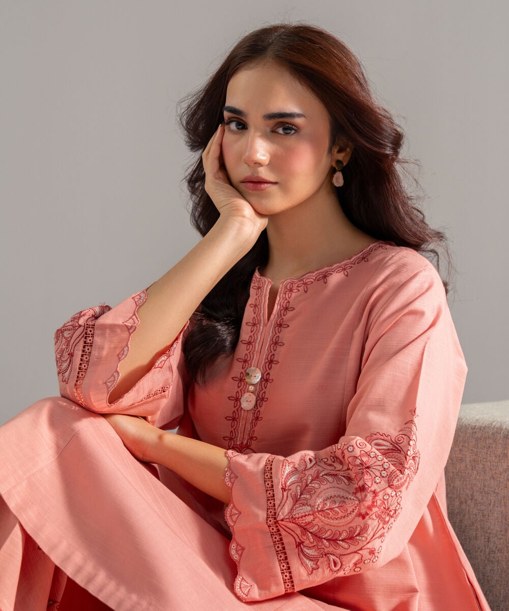 Women's RTW Khaddar Solid Embroidered Pink Flared A-Line Shirt