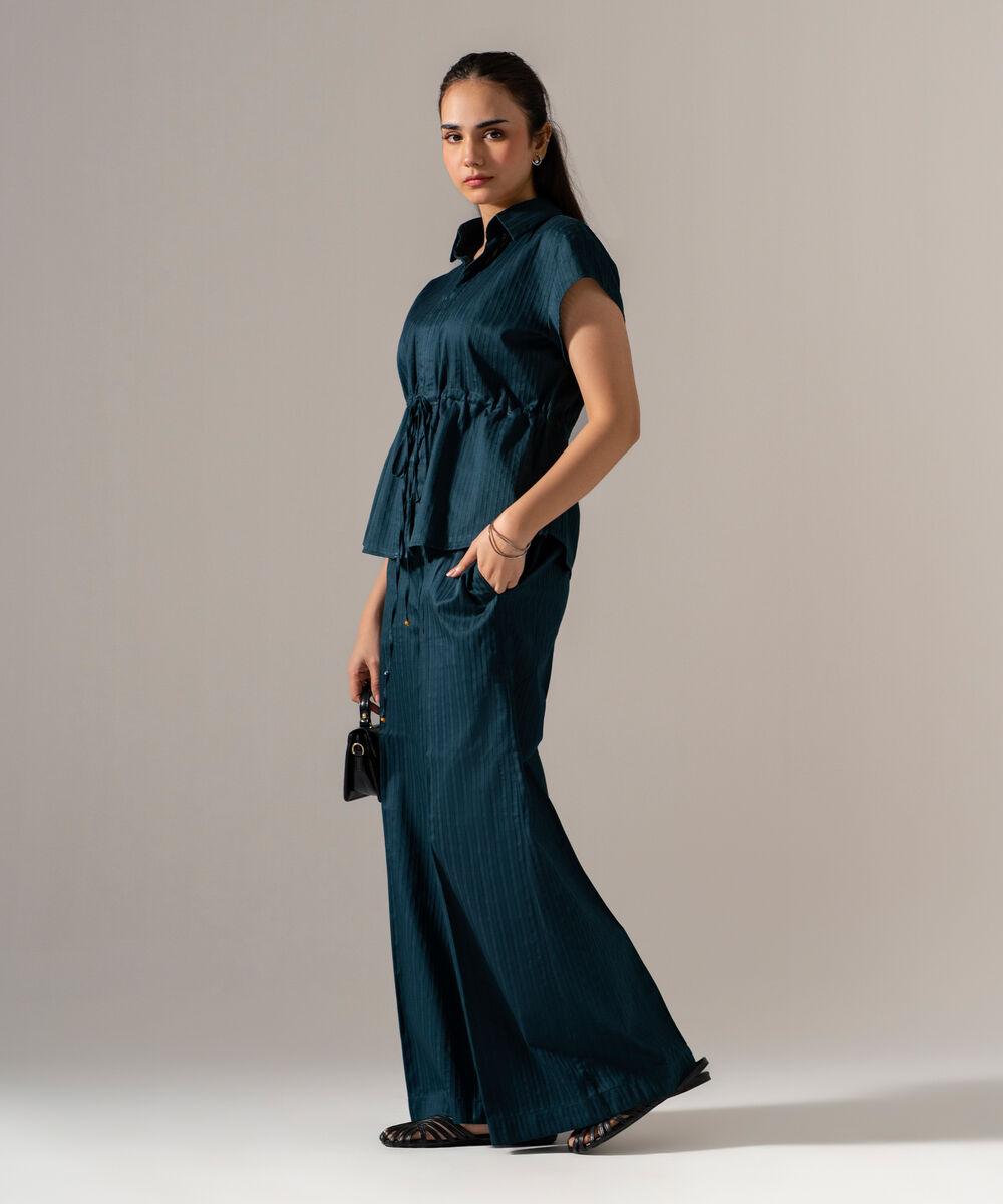 Women's RTW Dobby Strip Solid Green 2 Piece Suit