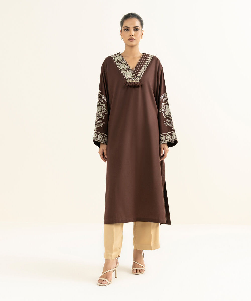 Women's RTW Bedford  Embroidered Brown Drop Shoulder Shirt
