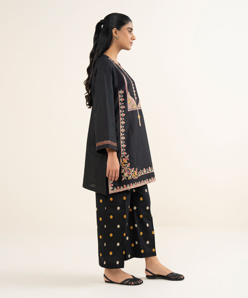 Women's RTW Fancy Textured Slub Embroidered Black Boxy Shirt
