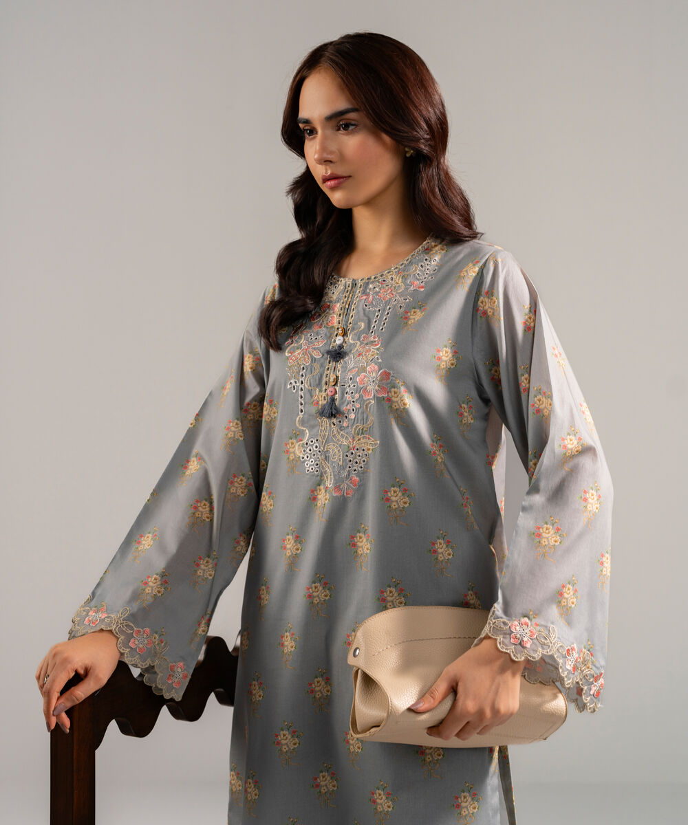 Women's RTW Lawn Embroidered Grey Straight Shirt