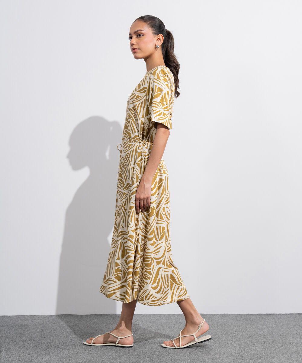 Women's Western Off White And  Musturd Linen Blend Printed Dress