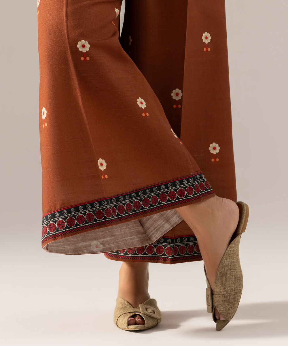 Women's RTW Printed Brown Khaddar Flared Pants