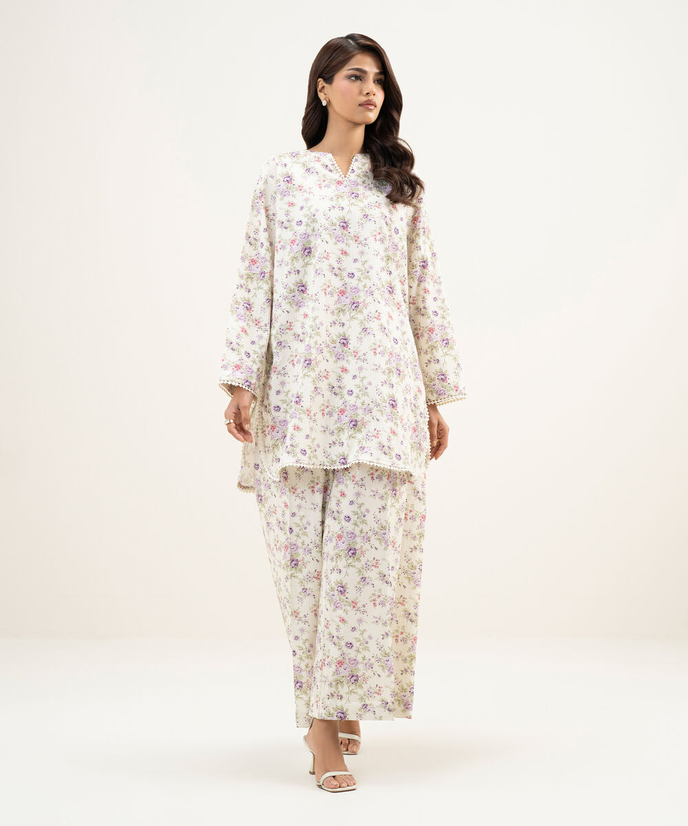 Women's RTW Seersucker Printed Off White Straight Shirt