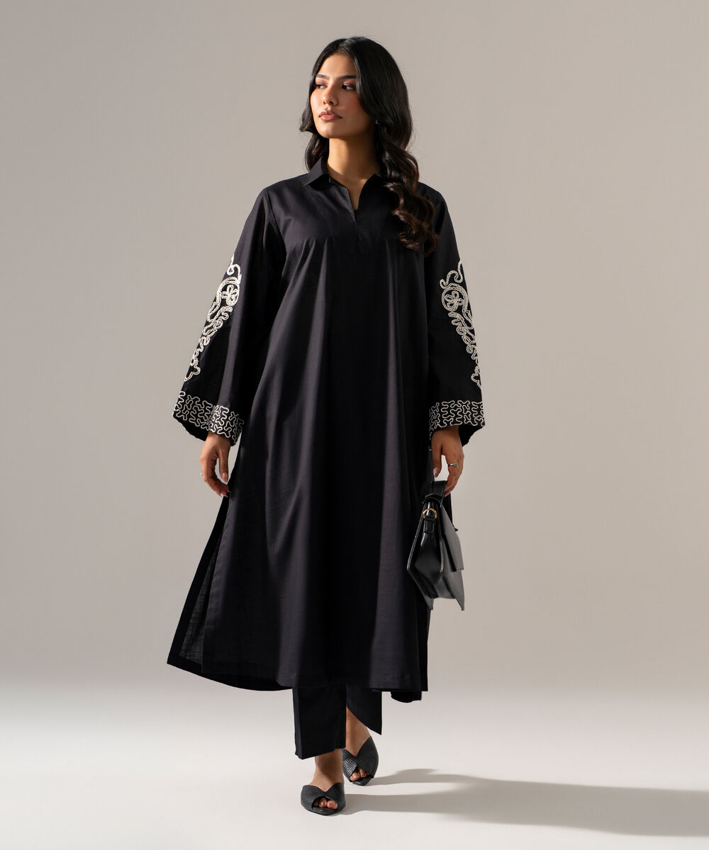 Women's RTW Cross Hatch Solid Embroidered Black Straight Shirt