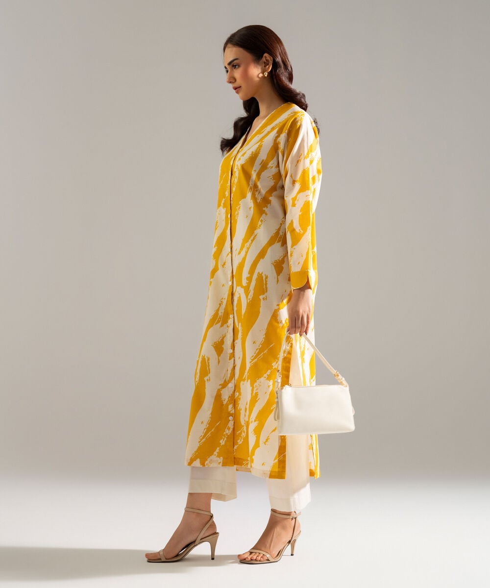Women's RTW Slub Lawn Printed Yellow Straight Shirt