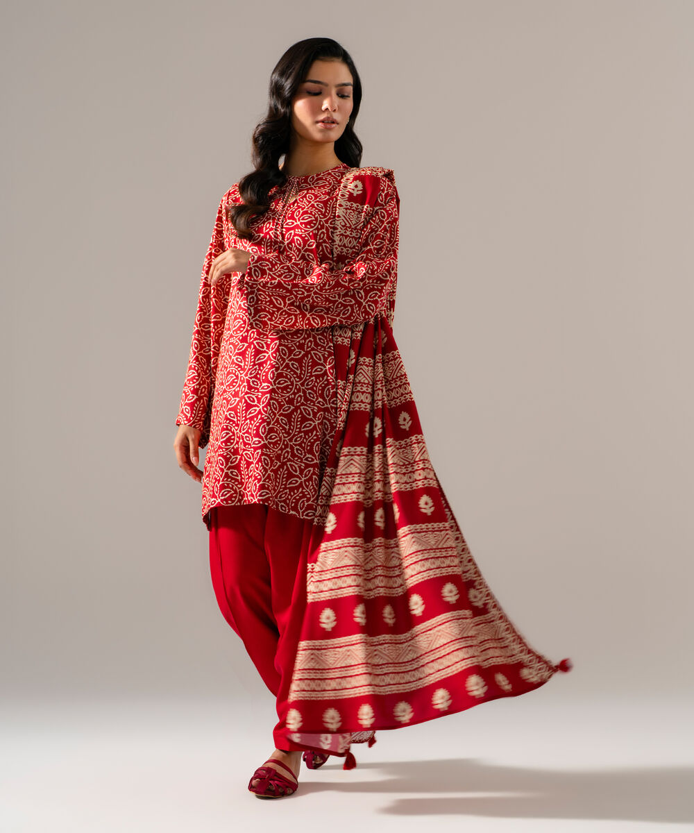 Women's RTW Viscose Linen Printed Red Dupatta