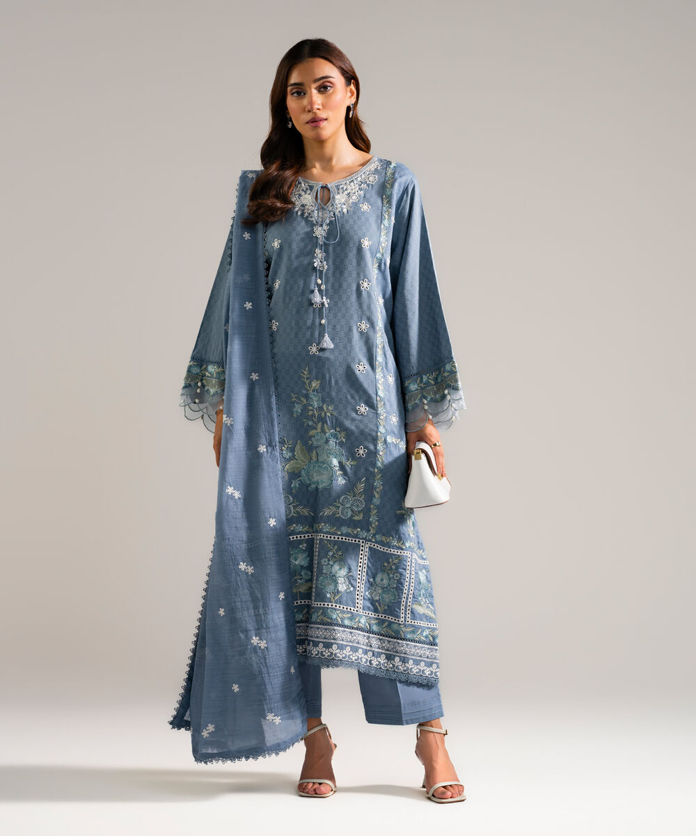 Women's RTW Textured Viscose Embroidered Grey 3 Piece Suit