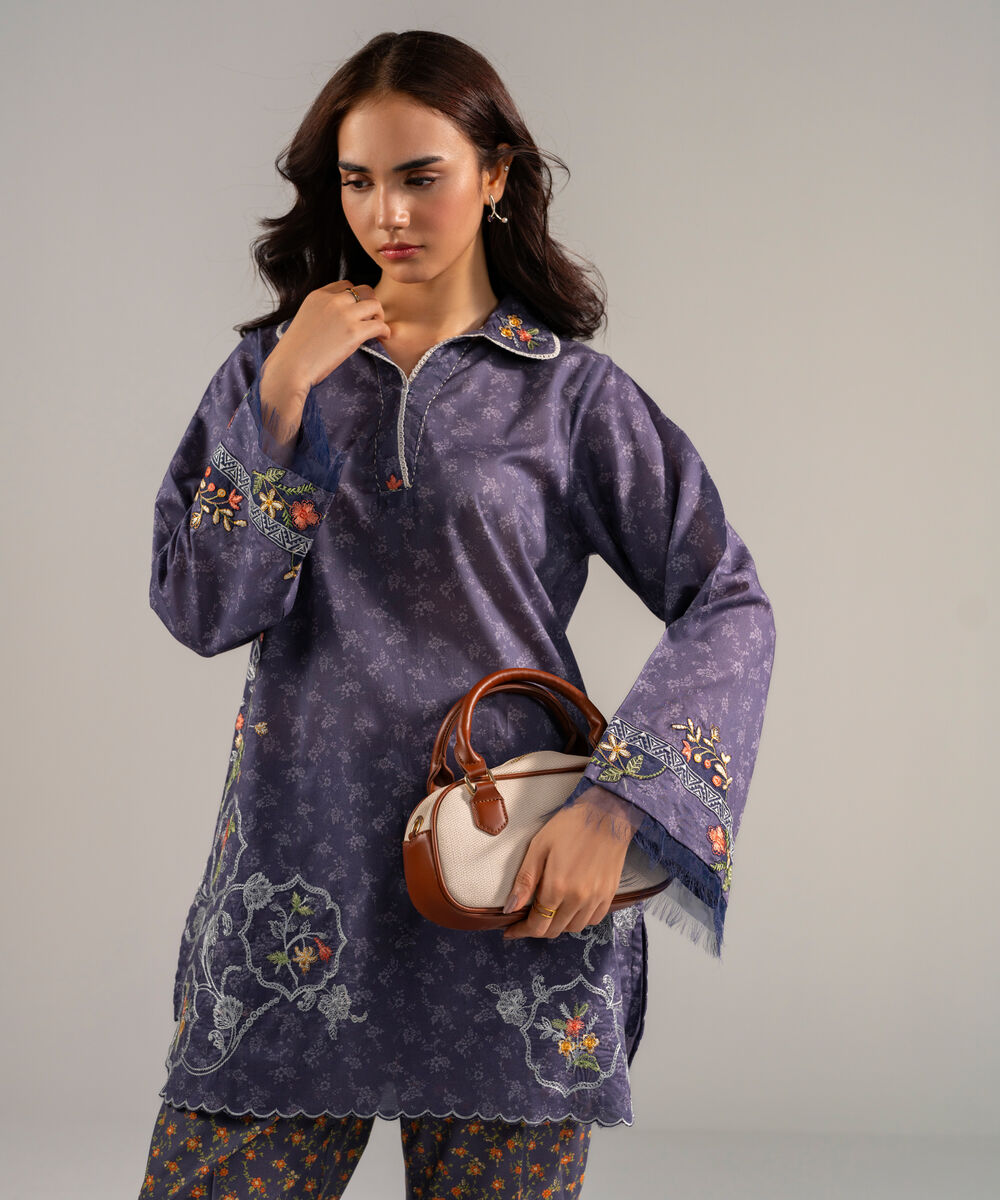 Women's RTW Lawn Embroidered Charcoal Grey Straight Shirt
