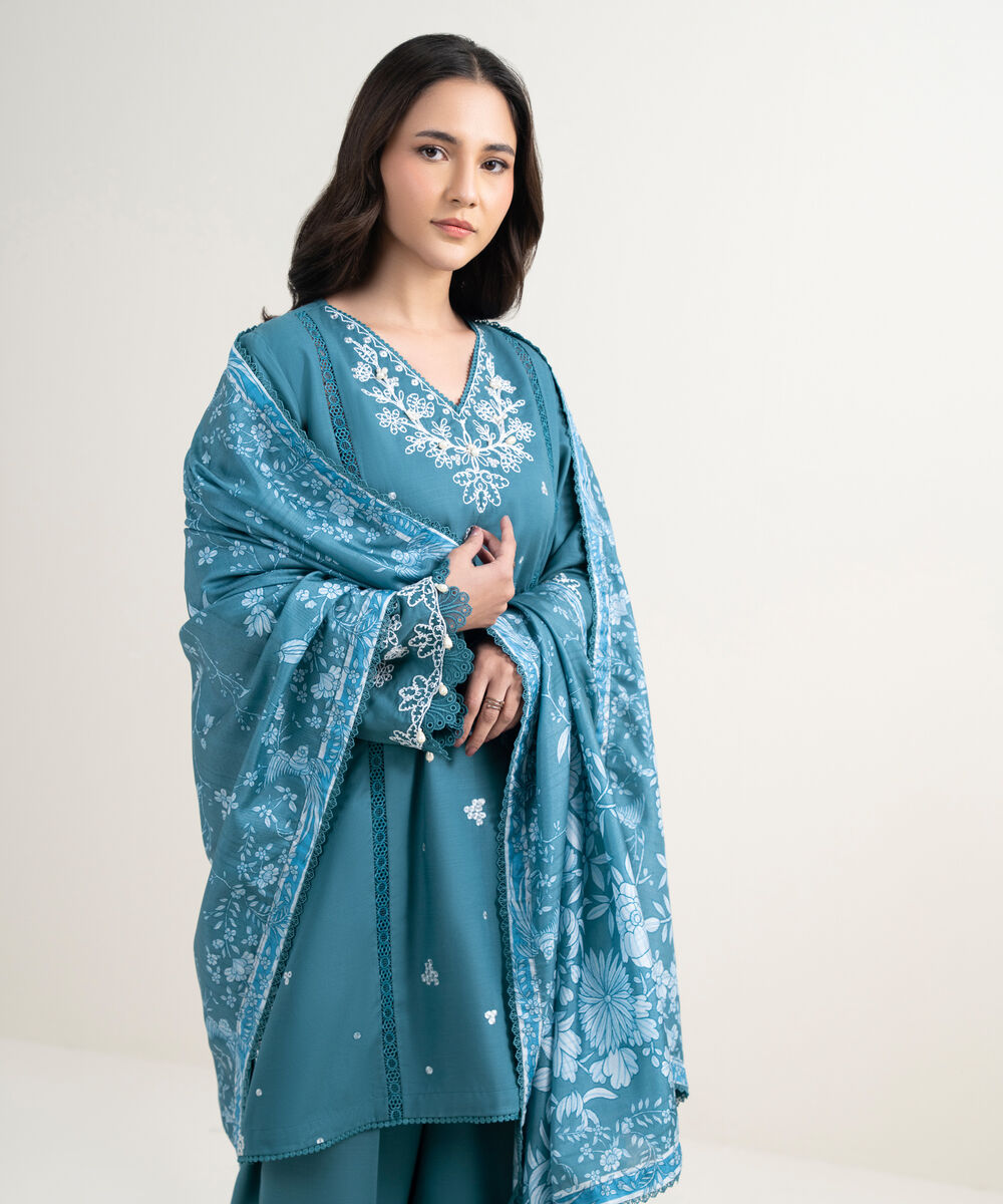 Women's RTW Raw Silk Viscose Embroidered Blue 3 Piece Suit