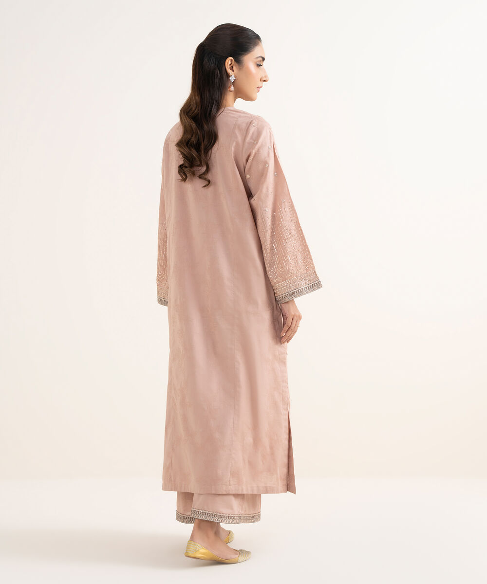 Women's RTW Self Jacquard Leno Embroidered Dusty Pink Straight Shirt