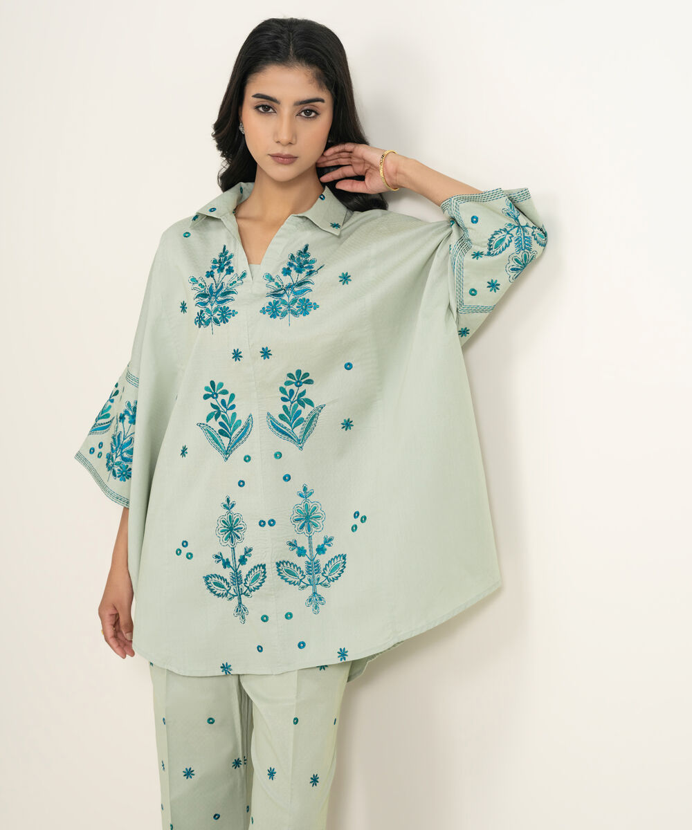 Women's RTW Dobby Embroidered Green Drop Shoulder Shirt