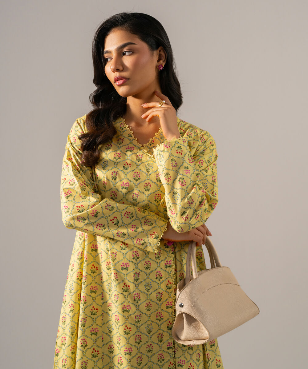 Women's RTW Regular Khaddar Printed Pale Yellow Shirt and Trousers