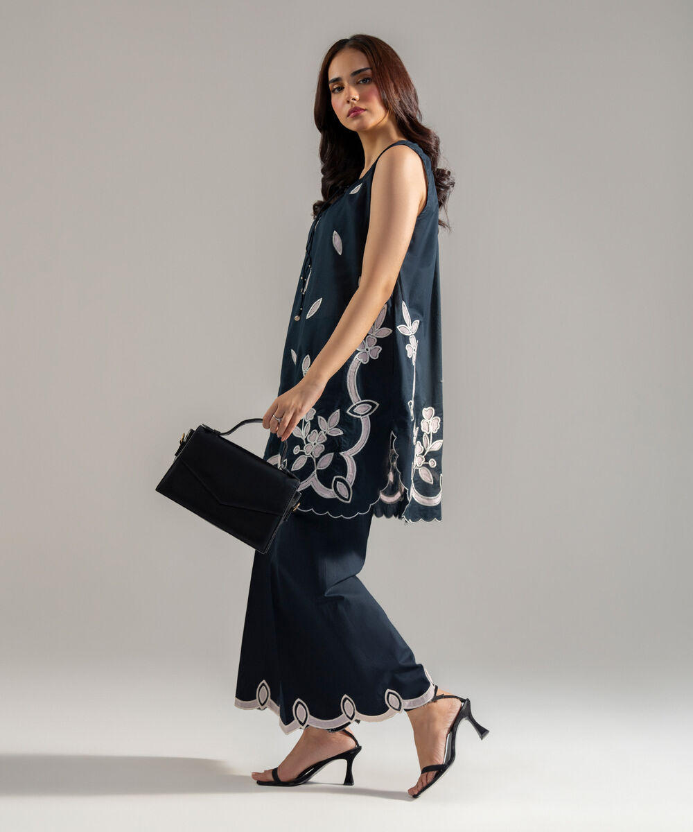Women's RTW Lawn Solid Embroidered Black 3 Piece Suit