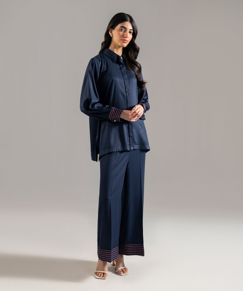 Women's RTW Bedford Solid Embroidered Dark Blue Drop Shoulder Shirt