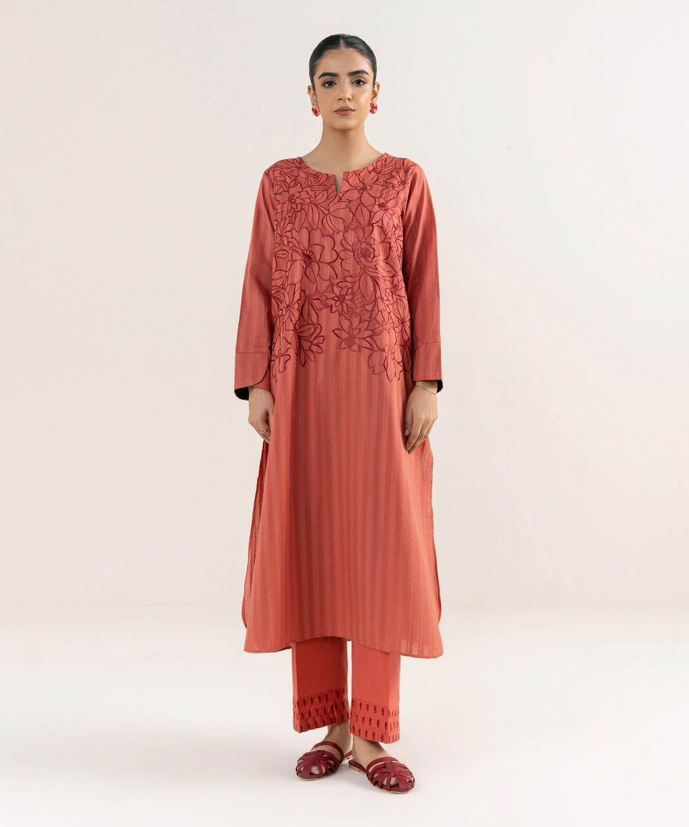 Women's RTW Textured Lawn Coral Embroidered A-Line Shirt