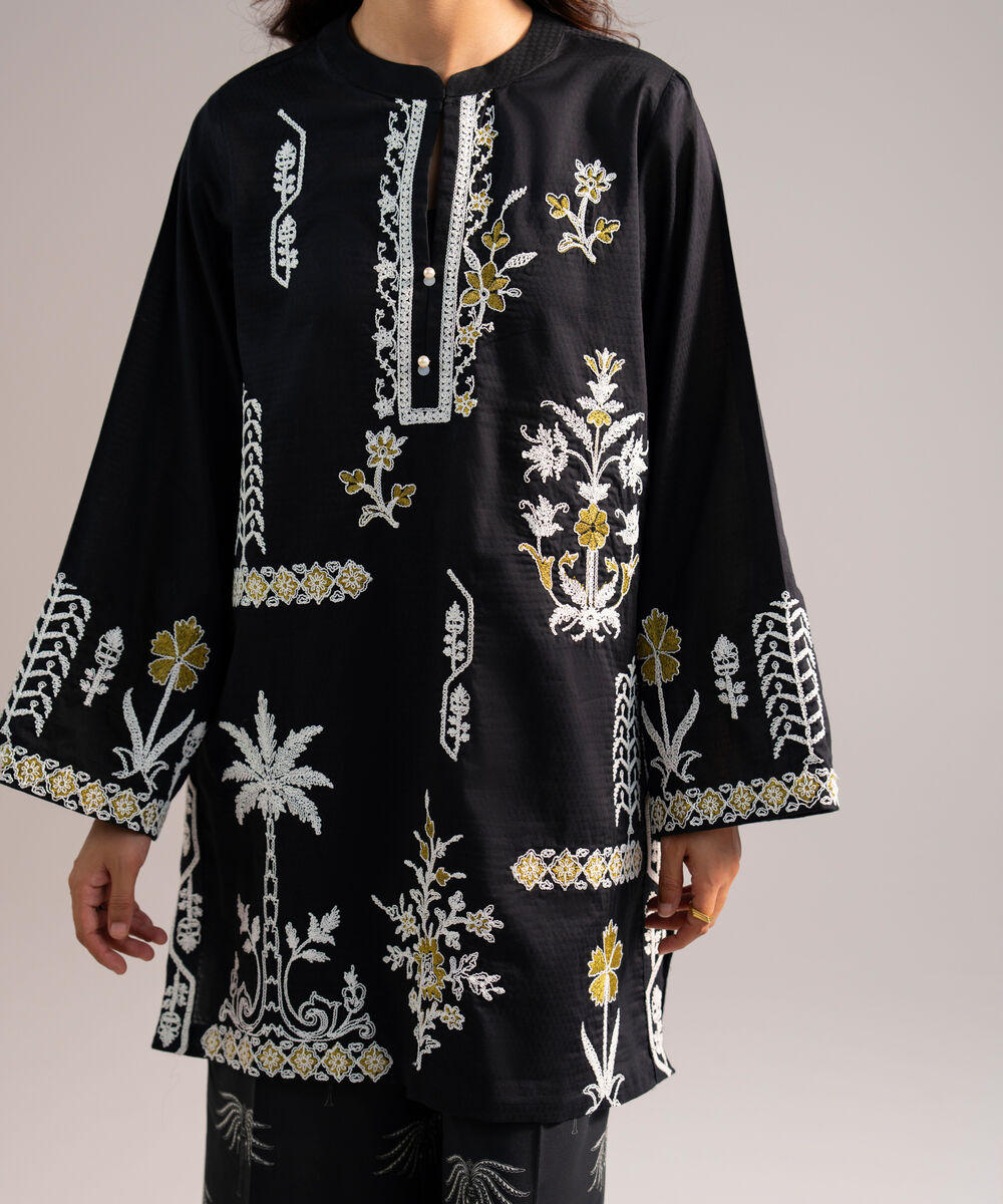 Women's RTW Dobby Embroidered Black 3 Piece Suit