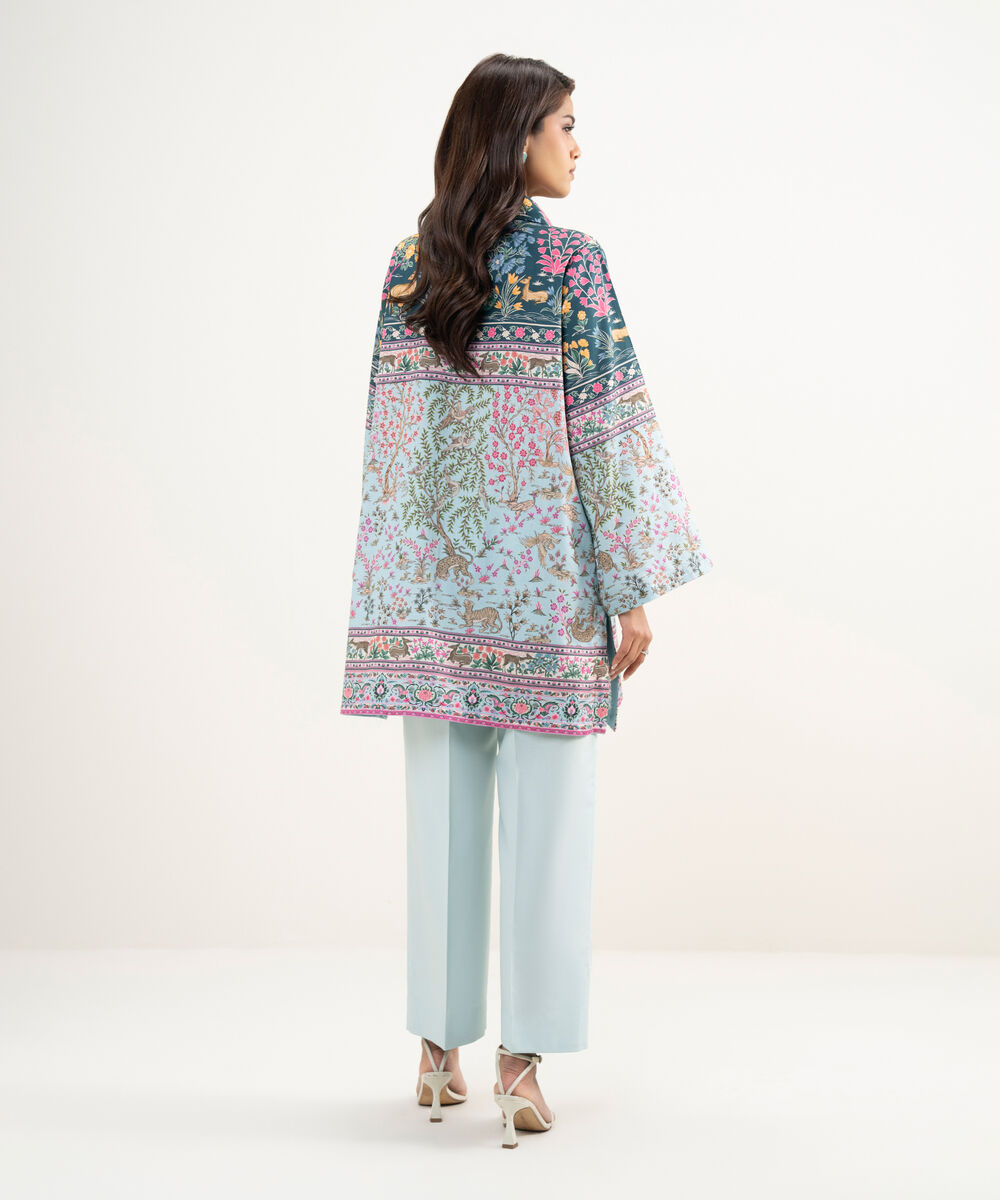 Women's RTW Premium Visocose Satin Printed Blue Straight Shirt