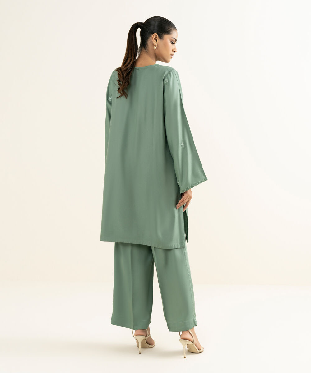 Women's RTW Bedford  Embroidered Sage Green Straight Shirt