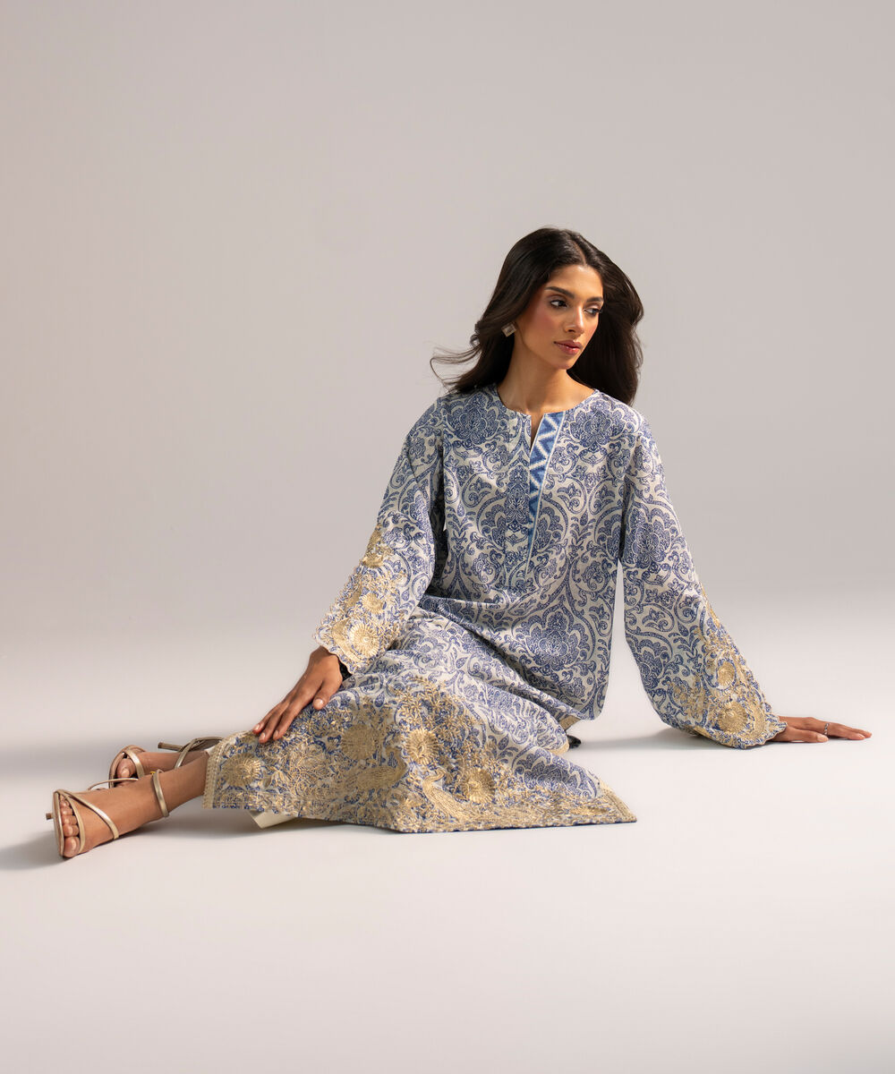 Women's RTW Zari Lawn Embroidered White A-Line Shirt