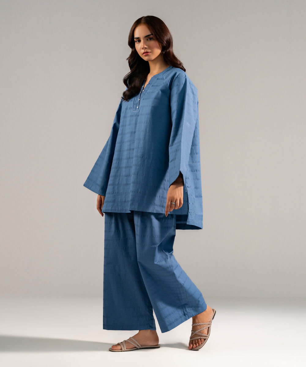 Women's RTW Seersucker Solid Blue 2 Piece Suit