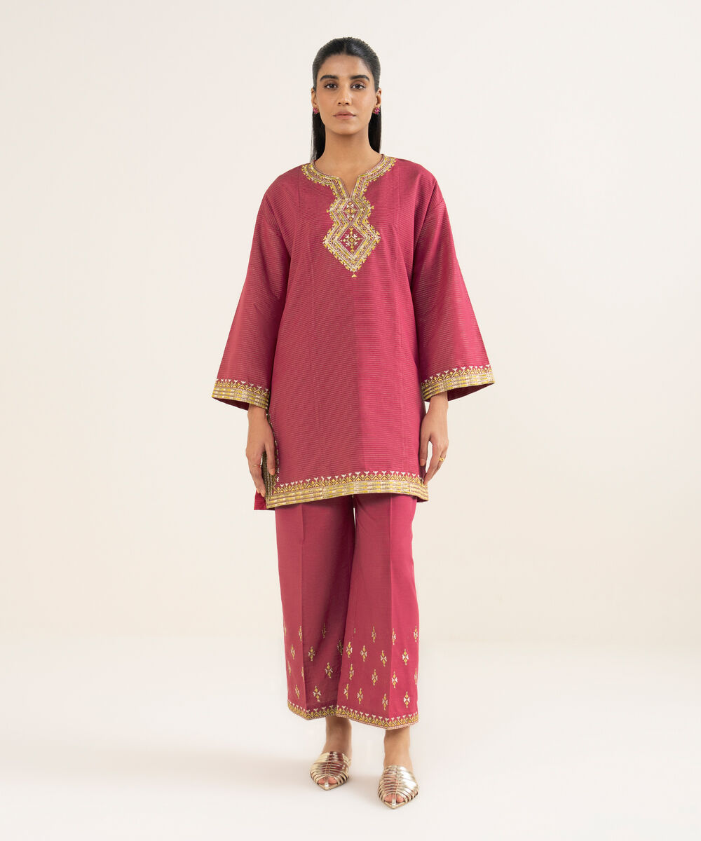 Women's RTW Fancy Textured Slub Embroidered Pink Drop Shoulder Shirt
