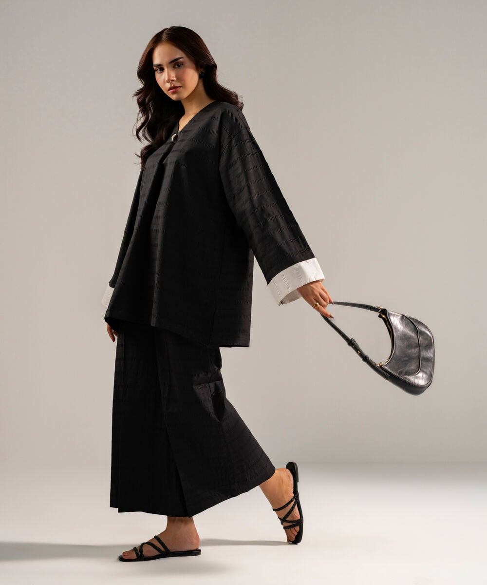 Women's RTW Seersucker Solid Black 2 Piece Suit