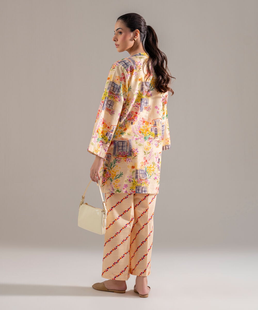Women's RTW Khaddar Printed Lime Yellow 2 Piece Suit