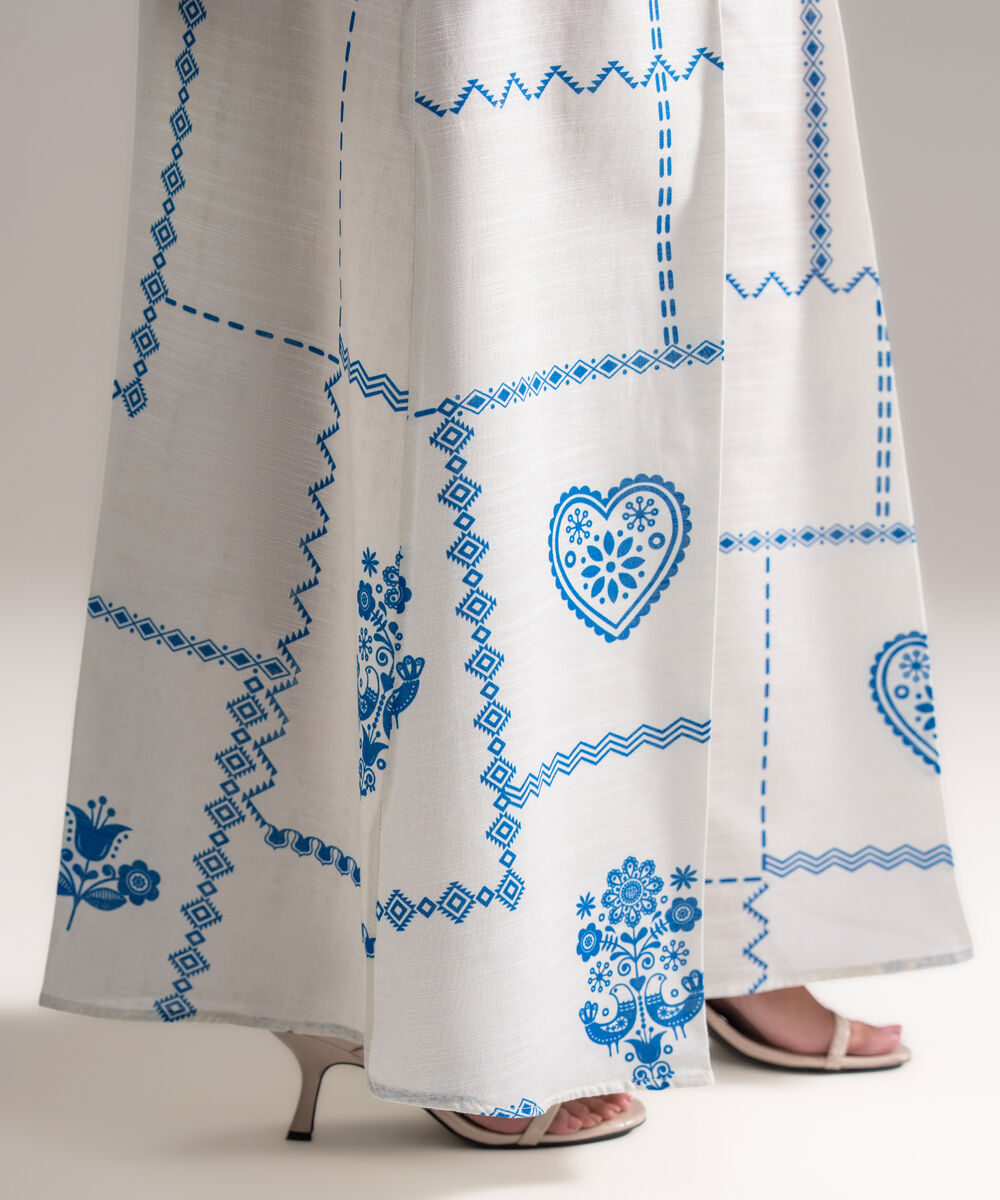 Women's RTW Khaddar Printed White Asymmetrical Pants