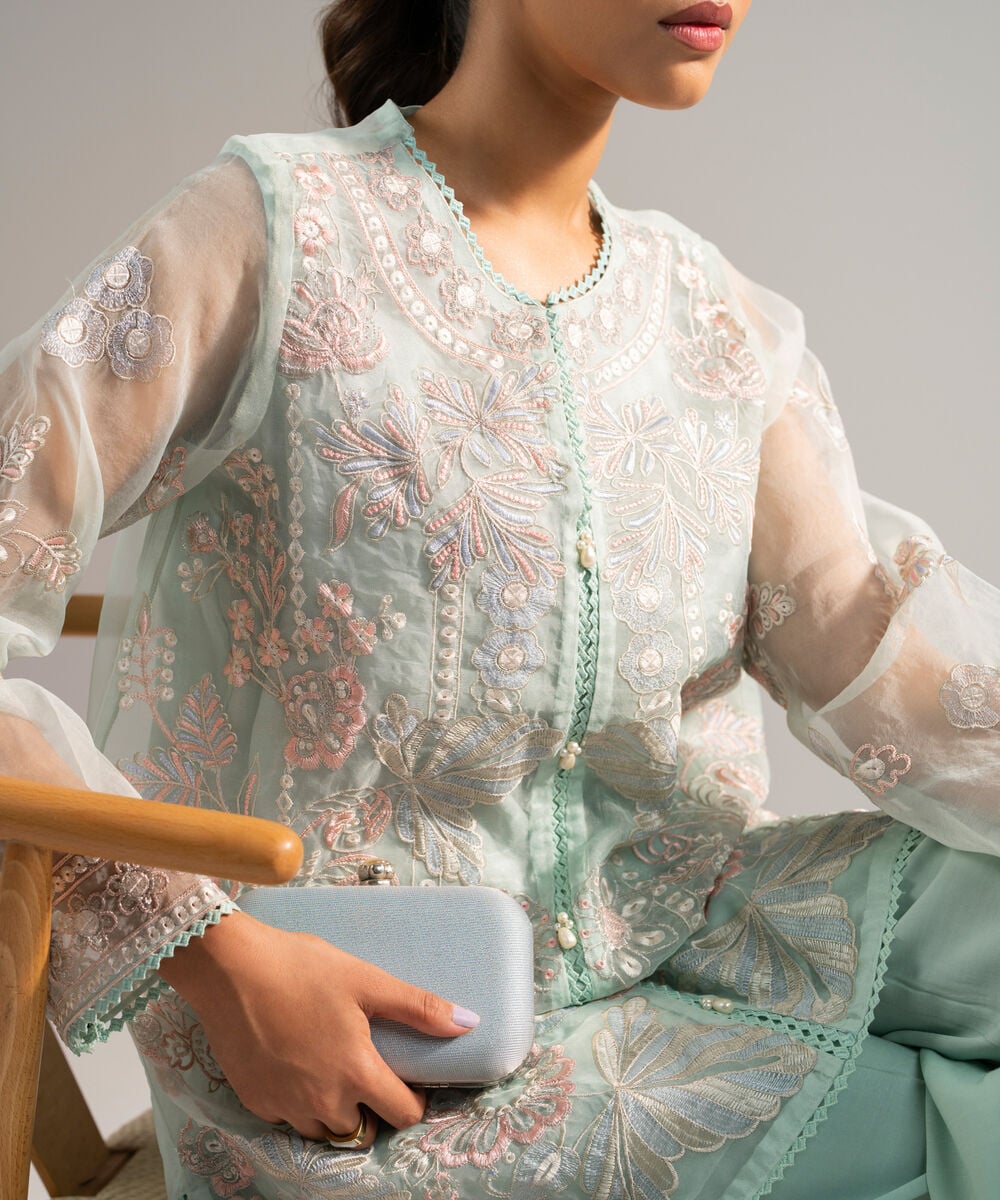 Women's RTW Organza Embroidered Green 2 Piece Suit
