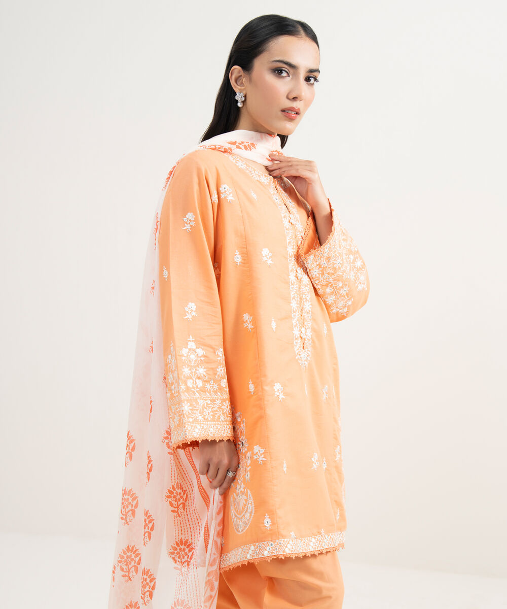 Women's RTW Zari Lawn Embroidered Cream White 3 Piece Suit