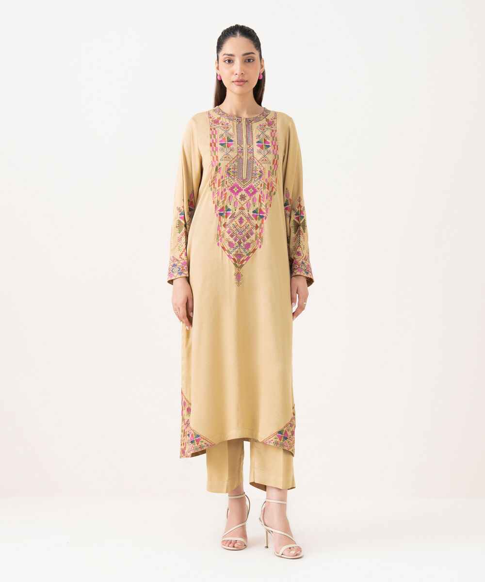 Women's RTW Bedford  Embroidered Beige A-Line Shirt
