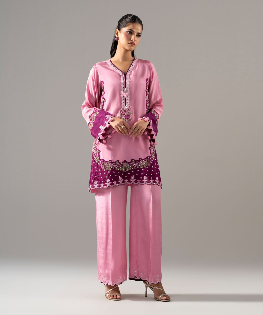 Women's RTW Thai Silk Solid Embroidered Pink 2 Piece Suit