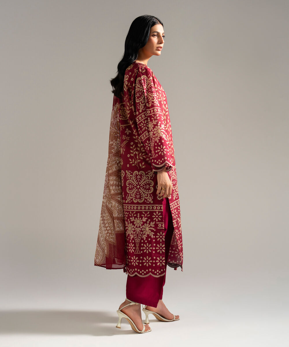 Women's RTW Slub Lawn Printed Red 3 Piece Suit