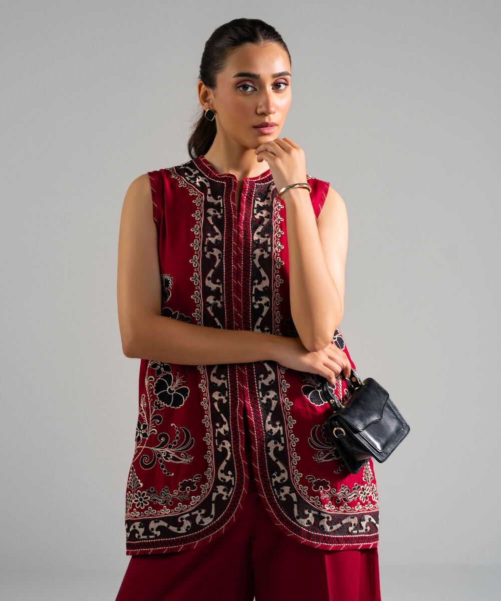 Women's RTW Dobby Embroidered Red 2 Piece Suit